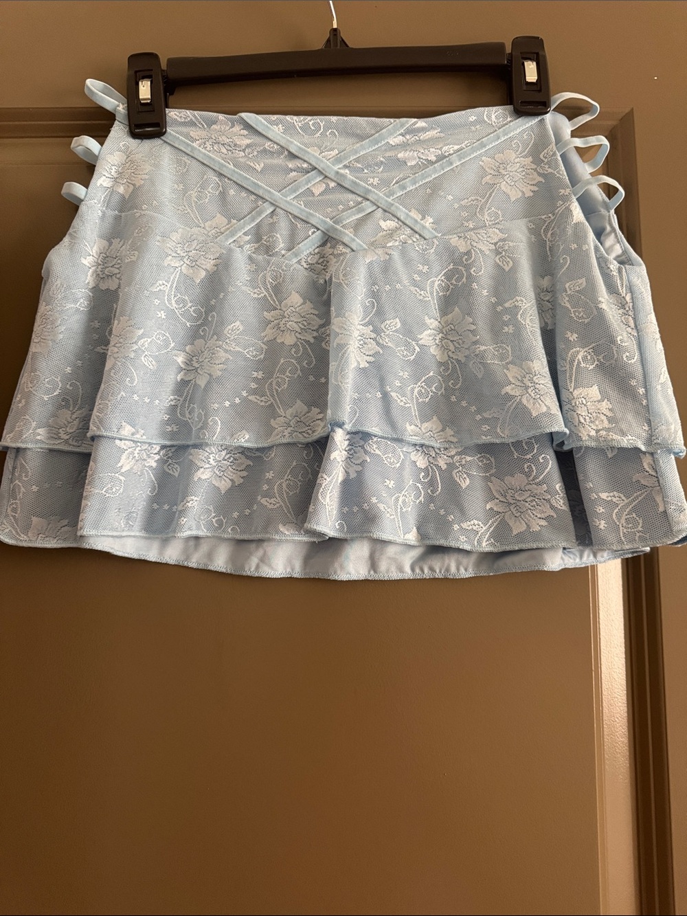 Outcast Sky Blue Floral Mini Skirt with Strappy Waist Detail